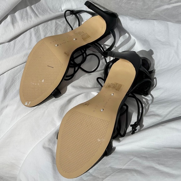 NWOT Black 3D Applique Floral Leather Ankle Wrap Up High Heel Pump Caelynn Bell - Picture 2 of 4